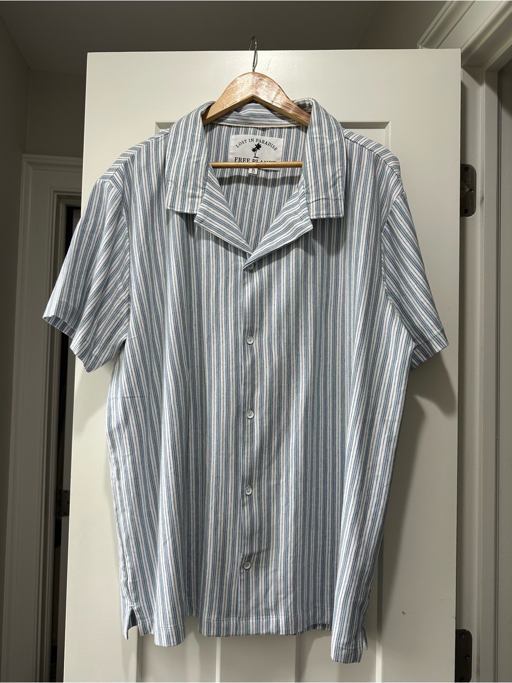 Free Planet Men's Light Blue and White Vertical Stripe Button-Down Camp Shirt